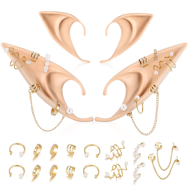 FRESHME Elf Ears with Piercings Earring Cuffs Set - Cosplay Fairy Pixie Ears with Pearl Earrings Chain Set  Non-Piercing Cartilage Ear Clip for Christmas Renaissance Halloween Custome Photoshoot - Image 1